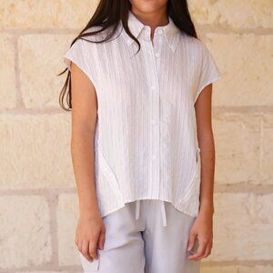 Saint Art Perth Cap Sleeve Button Pinstripe Blouse White